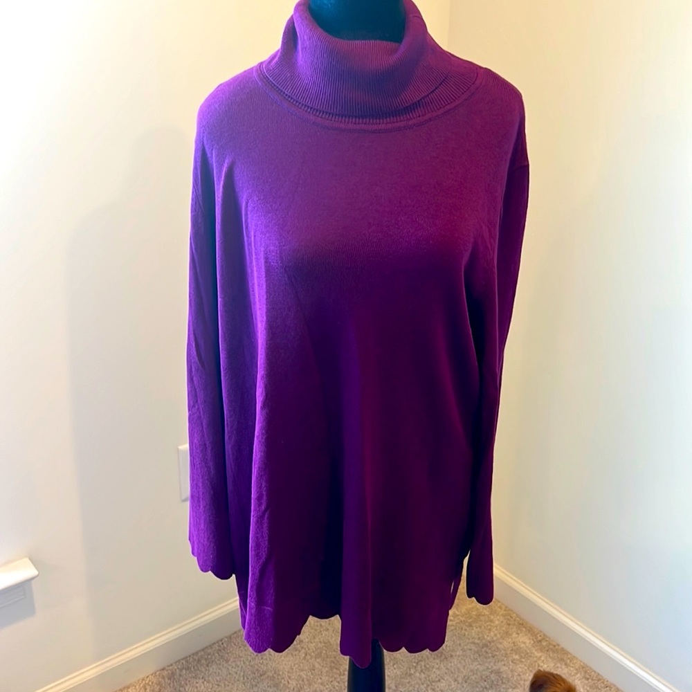 Isaac Mizrahi Live! Women's Sweater Sz L Scallop Hem Turtleneck Purple A310869